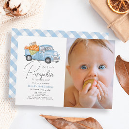 Invitación Camión de calabaza azul Gingham Boy Photo 1er cump