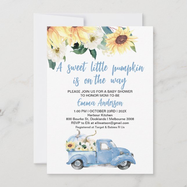 Invitación Camión de calabaza azul girasol Baby Shower (Anverso)