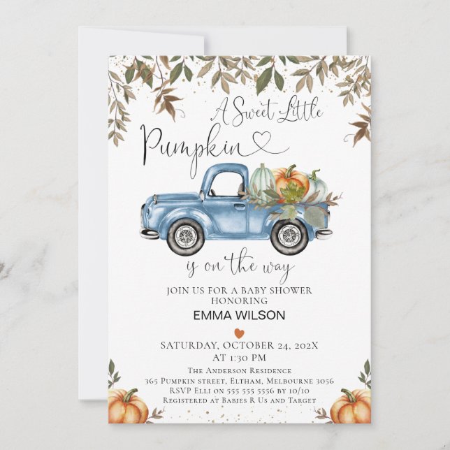 Invitación Camión de calabaza azul naranja con Baby Shower ca (Anverso)