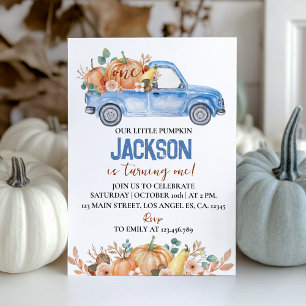 Invitación Camión de calabaza azul que cumple su primer cumpl
