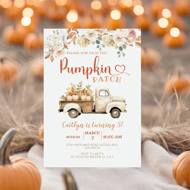 Invitación Camión de calabaza blanca Parche de quinto cumplea (Subido por el creador)