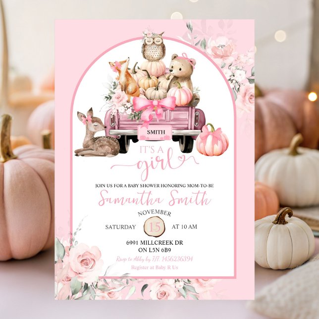 Invitación Camión de calabaza Chica de Animales Woodland Baby (Subido por el creador)