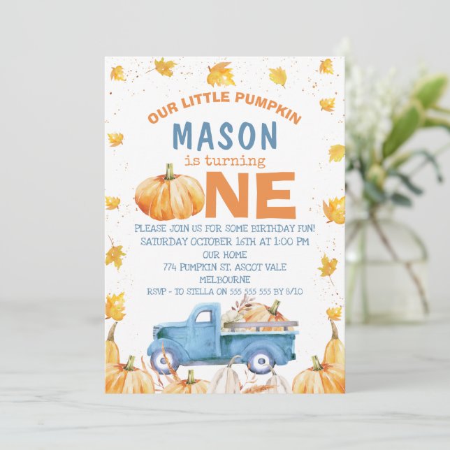 Invitación Camión de calabaza de Naranja azul primer cumpleañ (Anverso de pie)
