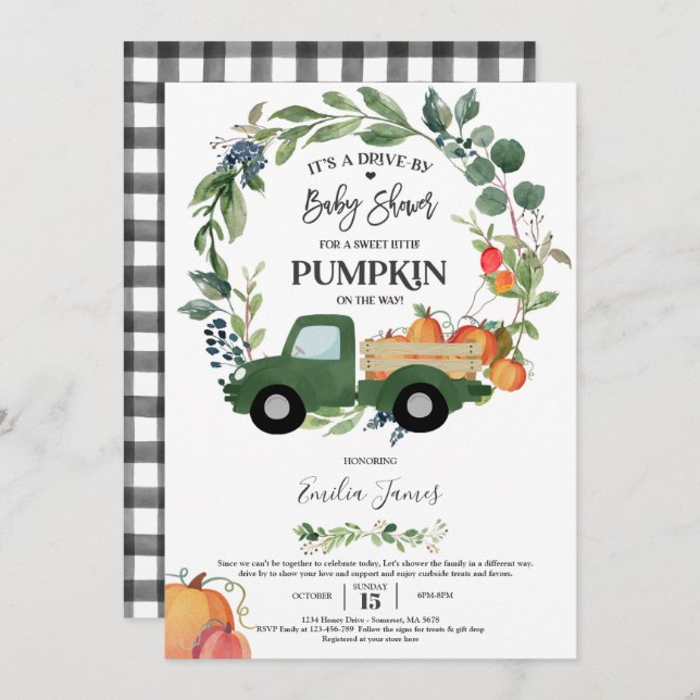 Invitación Camión de calabaza Género Caída Neutra Baby Shower (Anverso / Reverso)