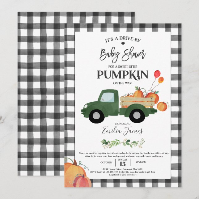 Invitación Camión de calabaza Género Caída Neutra Baby Shower (Anverso / Reverso)