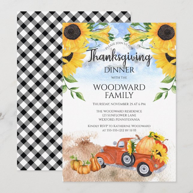 Invitación Camión de calabaza otoñal| Cena de Acción de Graci (Anverso / Reverso)