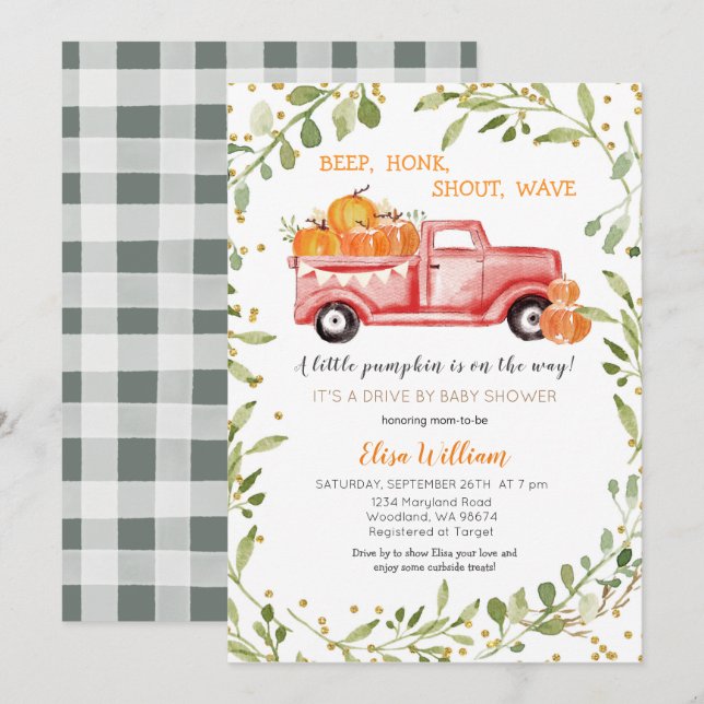 Invitación Camión de calabaza roja de otoño de Baby Shower (Anverso / Reverso)
