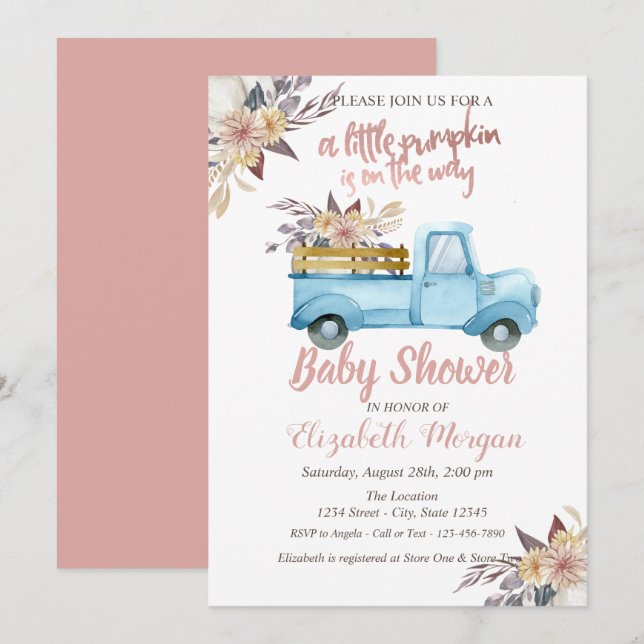 Invitación Camión de calabaza Rosa floral oro Baby Shower (Anverso / Reverso)