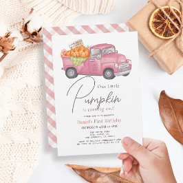Invitación Camión de calabaza rosa Gingham Chica 1 cumpleaños