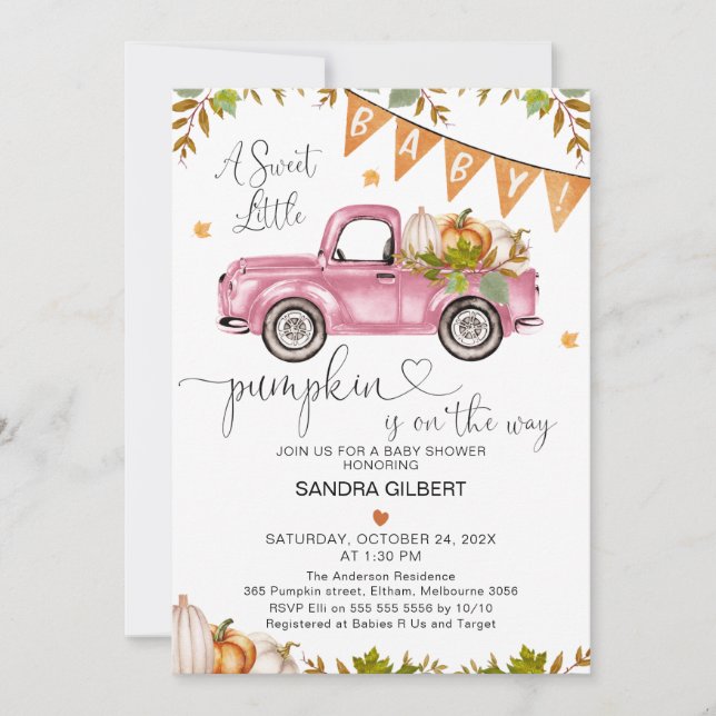 Invitación Camión de calabaza rosa naranja con Baby Shower de (Anverso)