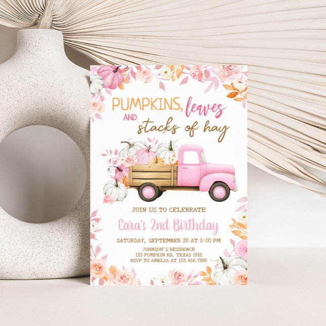 Invitación Camión de calabaza rosada Cumpleaños (Girl Pumpkin Truck Fall Birthday Invitation)