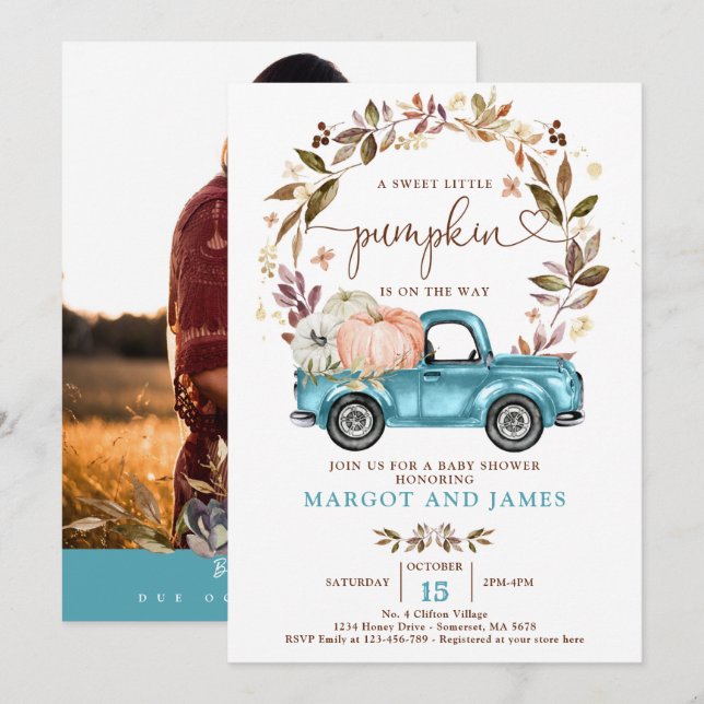 Invitación Camión de calabaza rusa Baby Shower azul de zafiro (Anverso / Reverso)
