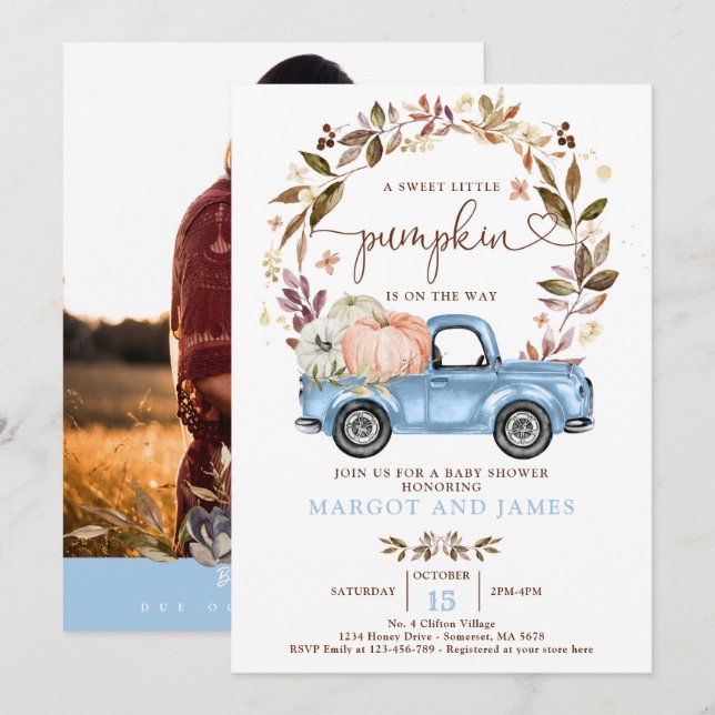 Invitación Camión de calabaza rústico bebé Baby Shower azul (Anverso / Reverso)