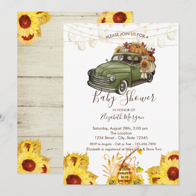 Invitación Camión de calabaza, textura de madera, Baby Shower (Anverso / Reverso)