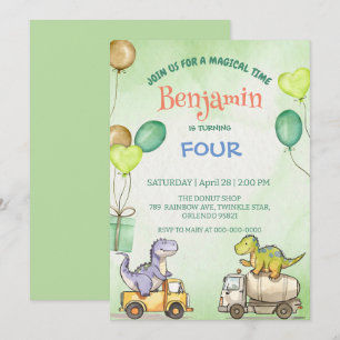 Invitación Camión de cemento de dinosaurio lindo Rainbow Scho