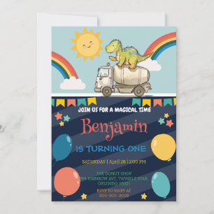 Invitación Camión de cemento de dinosaurio lindo Rainbow Scho