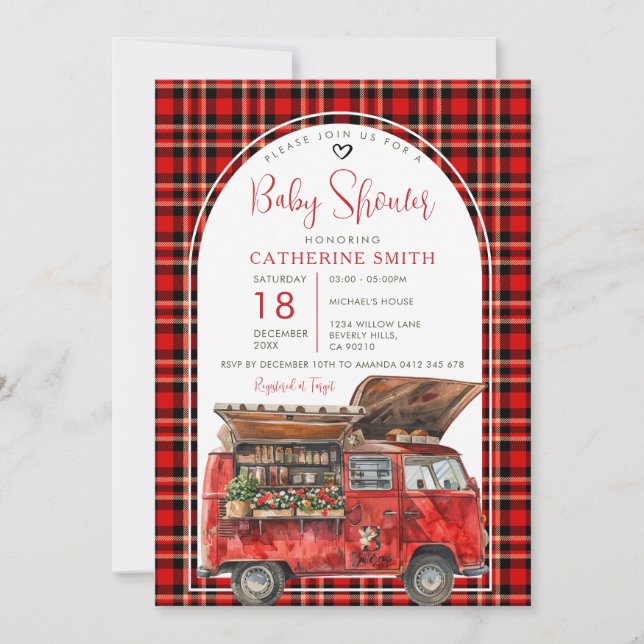 Invitación Camión de comida rojo boho mercado de bebé Plaid (Anverso)