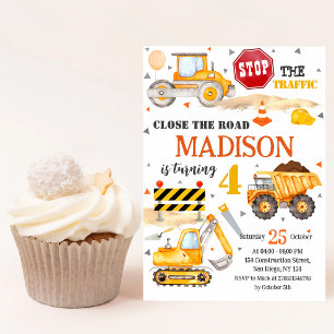 Invitación Camión de Construcción Amarillo Cumpleaños 1