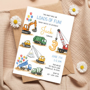 Invitación Camión de Construcción Amarillo Naranja Cumpleaños