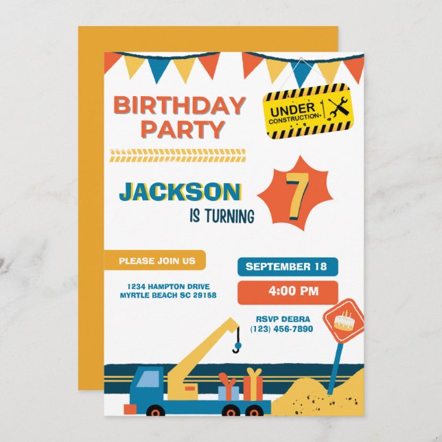 Invitación Camión de construcción Boys fiesta de cumpleaños (Anverso / Reverso)