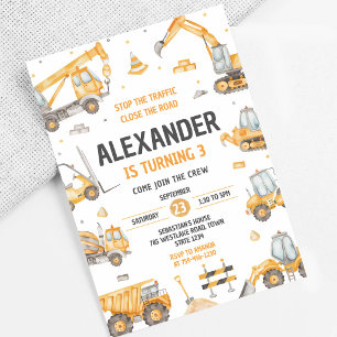 Invitación Camión de Construcción Cumpleaños Naranja Amarillo