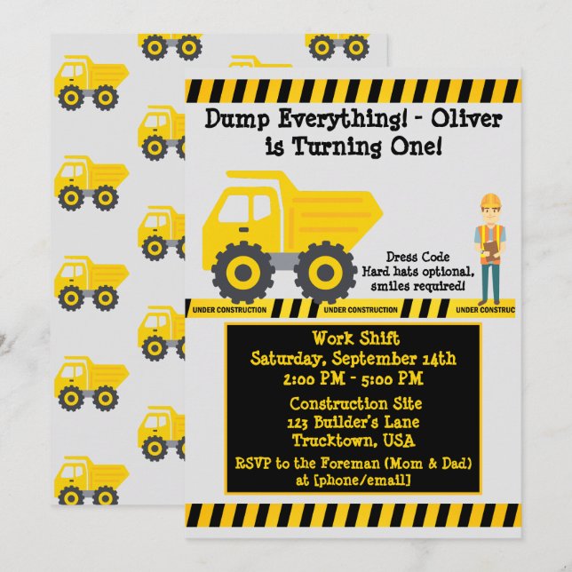 Invitación Camión de Construcción de Cumpleaños Amarillo (Anverso / Reverso)