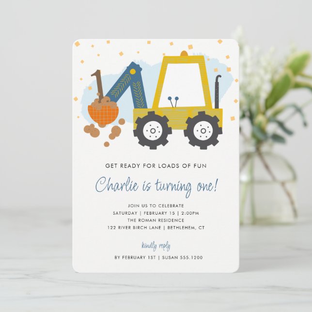 Invitación Camión de construcción del partido de cumpleaños d (Anverso de pie)