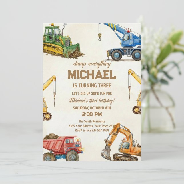 Invitación Camión de Construcción Dump Everything cumpleaños  (Anverso de pie)