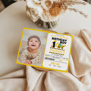 Invitación Camión de Construcción Foto de 1er Cumpleaños Ni