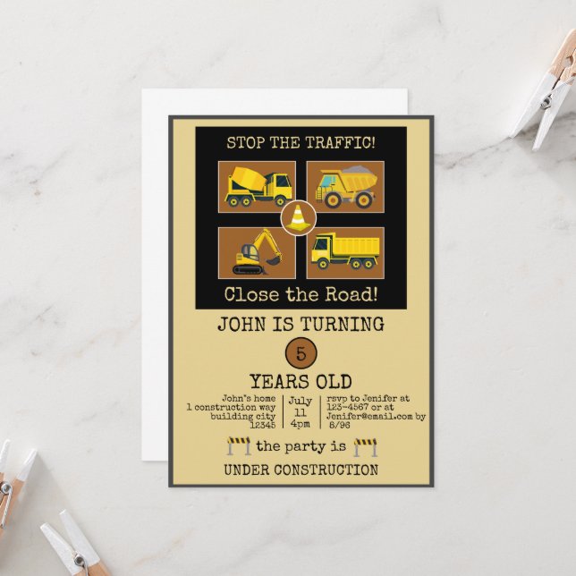 Invitación Camión de construcción Niños Decoraciones Fiestas  (Anverso/Reverso In Situ)