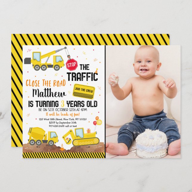 Invitación Camión de construcción volcado Camión excavador Cu (Anverso / Reverso)