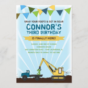 Invitación Camión de construcción y fiesta de cumpleaños del 