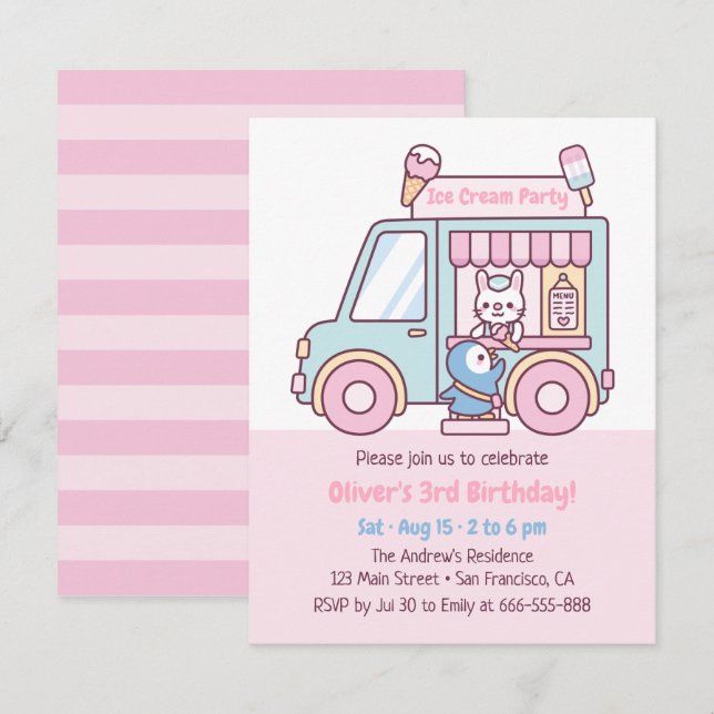 Invitación Camión de Crema de Hielo Cute Pastel Niños Fiesta  (Anverso / Reverso)