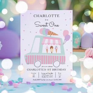 Invitación Camión de crema de hielo rosa dulce primer Fiesta