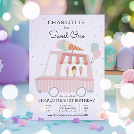 Invitación Camión de crema de hielo rosa dulce primer Fiesta 