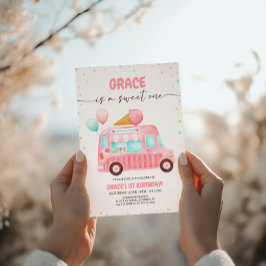 Invitación Camión de crema de hielo rosado aquí es cumpleaños