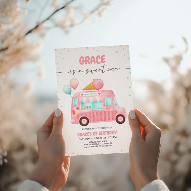 Invitación Camión de crema de hielo rosado aquí es cumpleaños (Subido por el creador)