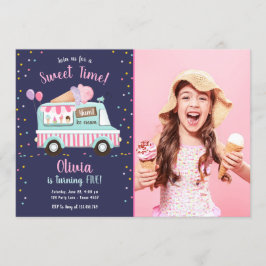 Invitación Camión de crema de hielo, tiempo dulce, Chica rosa