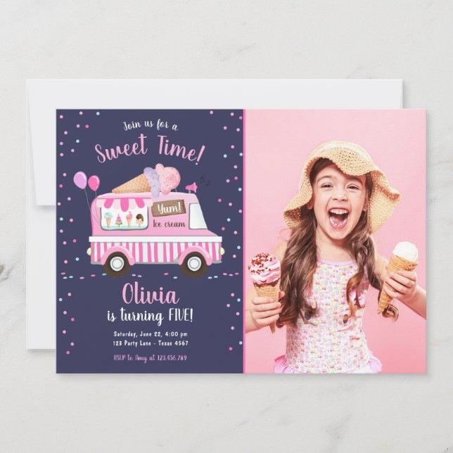 Invitación Camión de crema de hielo, tiempo dulce, Chica rosa (Anverso)