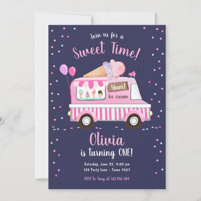 Invitación Camión de crema de hielo, tiempo dulce, Chica rosa (Anverso)