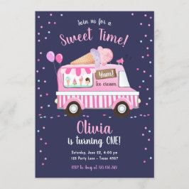 Invitación Camión de crema de hielo, tiempo dulce, Chica rosa