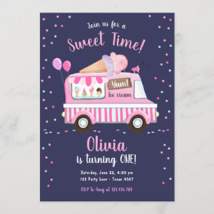 Invitación Camión de crema de hielo, tiempo dulce, Chica rosa