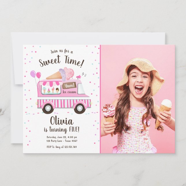 Invitación Camión de crema de hielo, tiempo dulce, Chica rosa (Anverso)