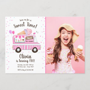 Invitación Camión de crema de hielo, tiempo dulce, Chica rosa