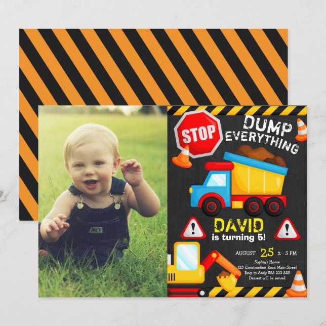 Invitación Camión de cumpleaños de construcción de Chalk con  (Anverso / Reverso)