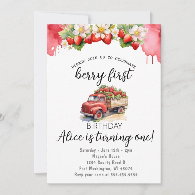 Invitación Camión de fresa Elegance Berry Primer cumpleaños (Anverso)