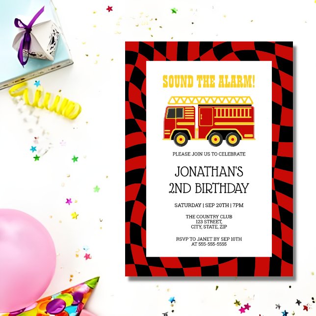 Invitación Camión de Fuego Negro Red Checkered segundo cumple (Subido por el creador)