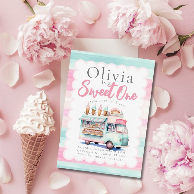 Invitación Camión de helado 1er Cumpleaños Rosa Dulce Uno (Subido por el creador)