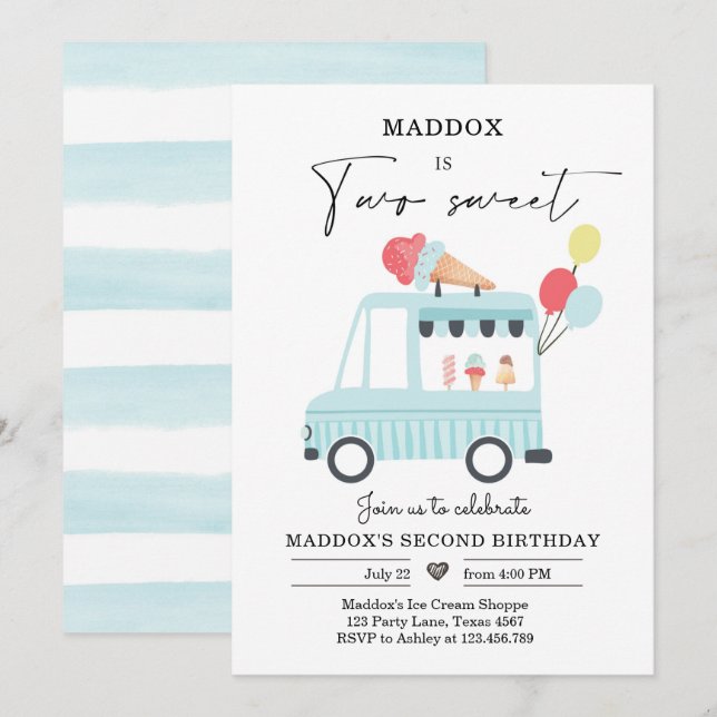 Invitación Camión de helado 2º cumpleaños invita a niño a dos (Anverso / Reverso)