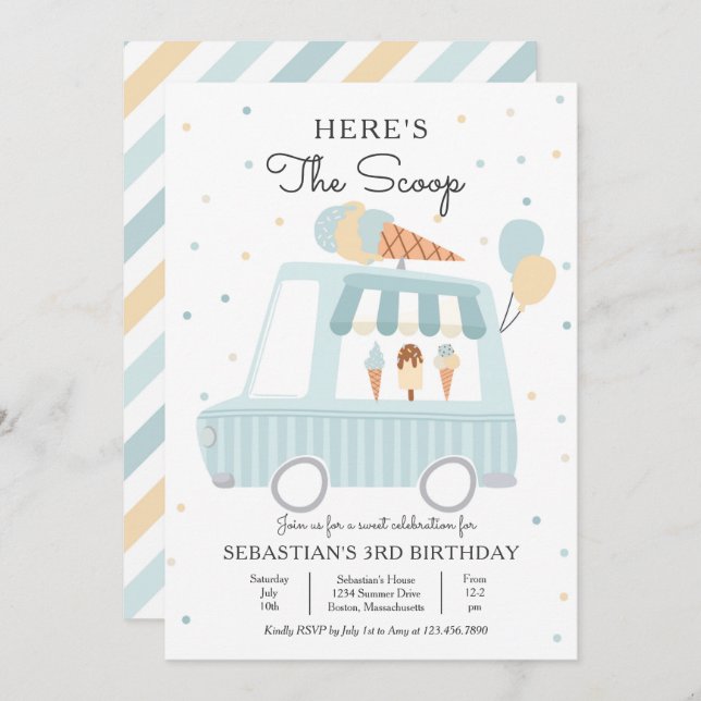 Invitación Camión de helado azul aquí es cumpleaños de Scoop (Anverso / Reverso)